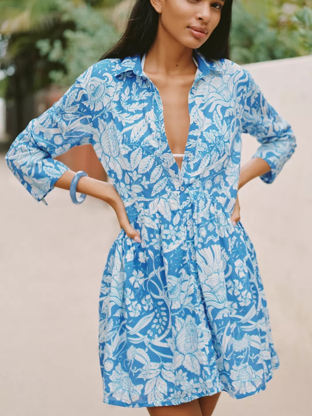 Anthropologie Ro’s Garden Deauville Cotton Shirt Dress XL Blue Floral